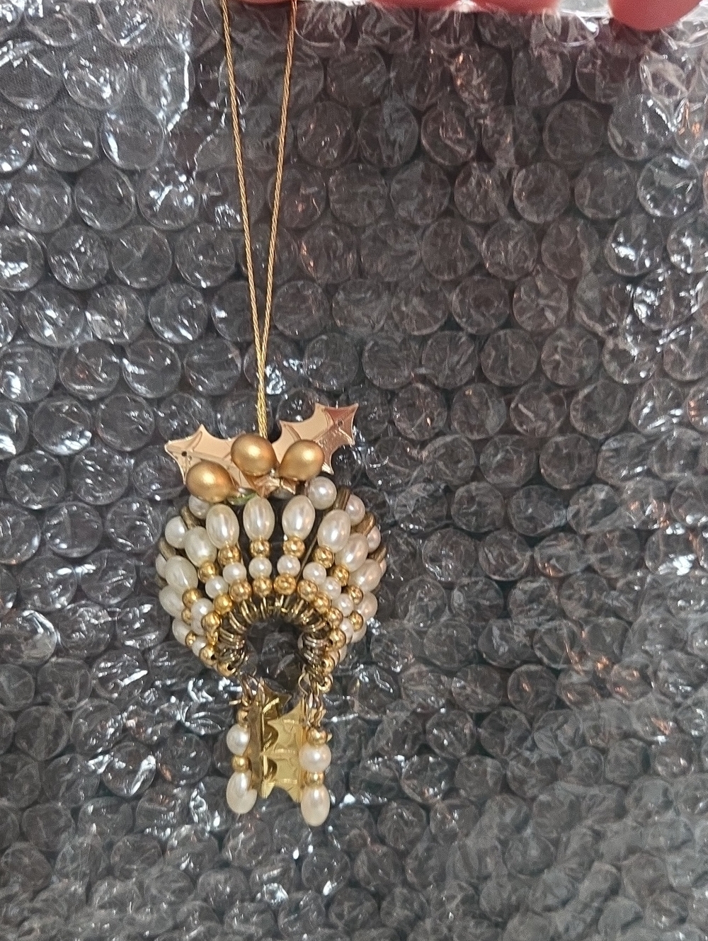 Hand Crafted Gold and Pearl Holiday Ornament Pendant - Decorative Hanging Accent